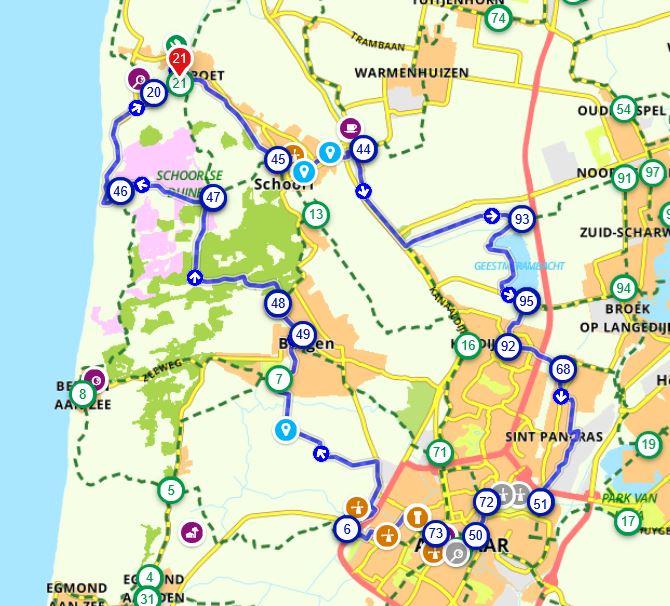 Fietsroute door Alkmaar en de schoorlse duinen op de map